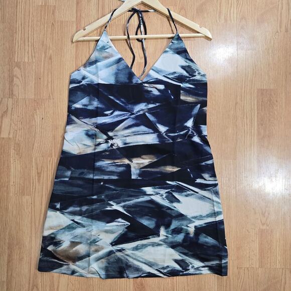 NWT REVOLVE Three Eighty Two Women Satin Halter Mini Slip Dress M Blue Abstract - Picture 1 of 11